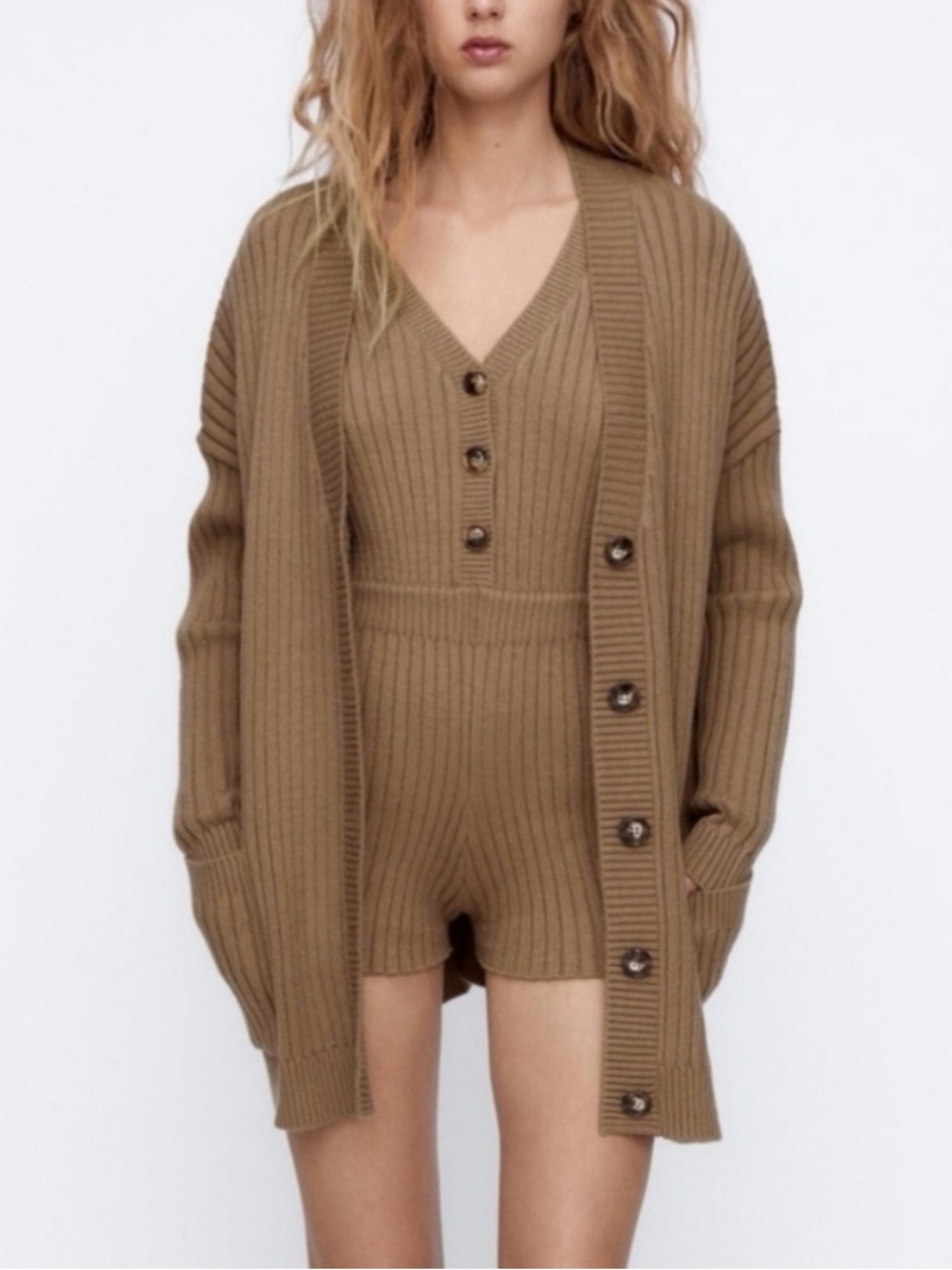 Zara Ribbed V-Neck Cardigan in Camel